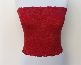 Red lined stretch lace tube top strapless