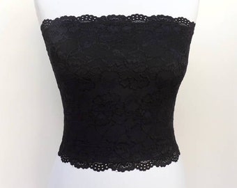 Black lined elastic lace tube top strapless