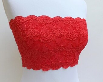 Red lined elastic lace bandeau top, strapless bra