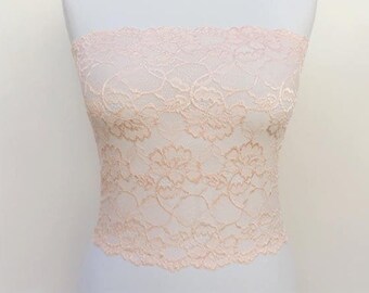 Peach lace bandeau tube top, see through elastic lace strapless