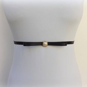 Black thin elastic bow Pearl dress belt