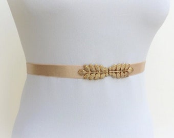 Champagne elastic waist belt, Gold leaf dress belt