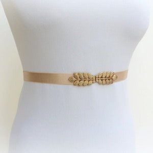 Champagne elastic waist belt, Gold leaf dress belt