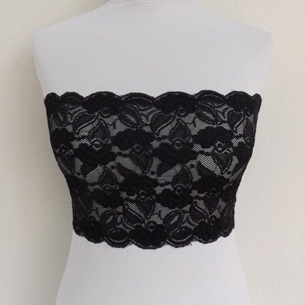 Black sheer elastic lace bandeau top, see through strapless bra