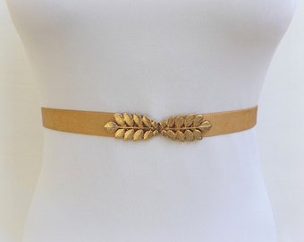 Women's gold elastic grecian leaf waist belt