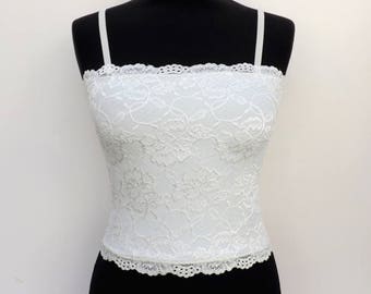 Ivory lined floral elastic lace tank top camisole