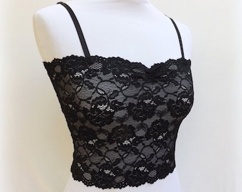 Black lace tank top camisole, see through elastic lace cami