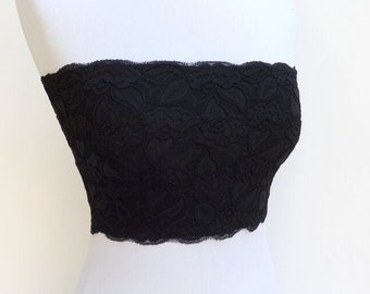 Black lined elastic lace bandeau top, Strapless bra