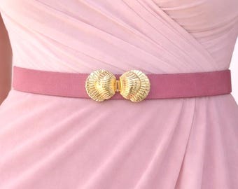Altrosa Elastischer Taillen Gürtel mit Gold Seashells Verschluss