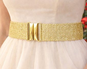 Gold Glitter Wide Elastic Waist Belt with Shiny Gold Clasp