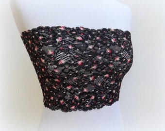 Bandeau-Top aus schwarzer elastischer Spitze, trägerloser BH mit roten Blumen