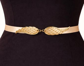 Champagne elastic waist belt, Gold leaf dress belt