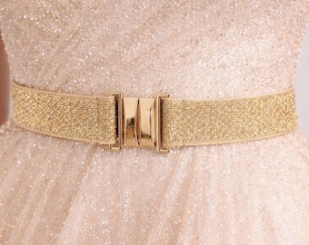 Women's Gold glitter elastic waist belt with gold clasp, regular and plus size