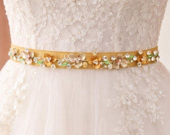 Gold Bridal Sparkly Floral Elastic Wedding Dress Belt