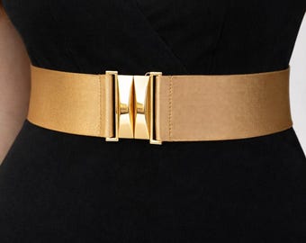 2" Wide Gold Elastic Waist Belt with Shiny Gold Clasp