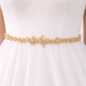Guldfärgad brudpärlfärgad blommig spets elastiskt midjebälte, Bröllopsklänningsbälte