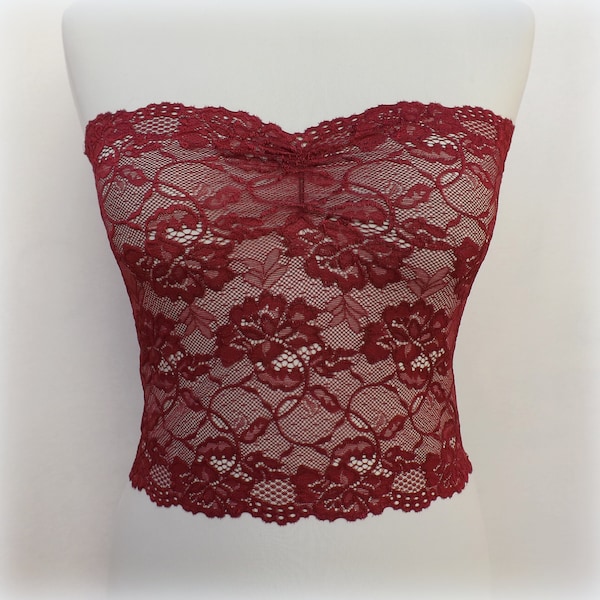 Burgundy sheer elastic lace tube top strapless