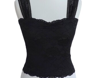 Black lined stretch elastic floral lace tank top with wide lace straps