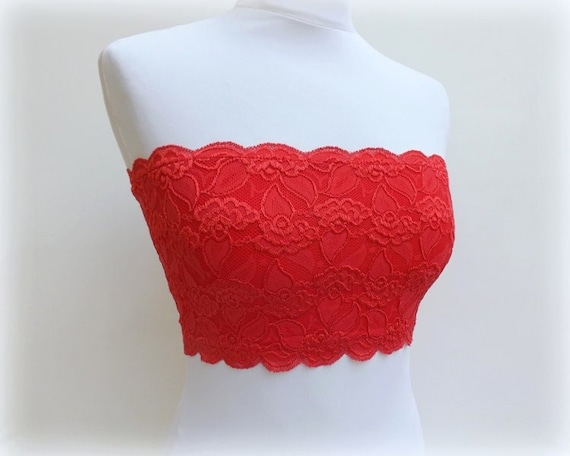 Red Lined Elastic Lace Bandeau Top, Strapless Bra -  Hong Kong