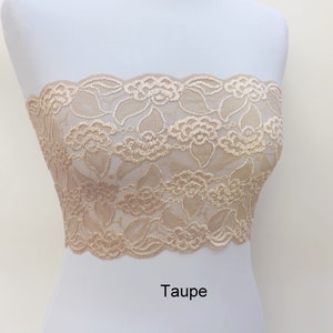 Top a fascia in pizzo elastico trasparente nero, reggiseno trasparente senza spalline Taupe