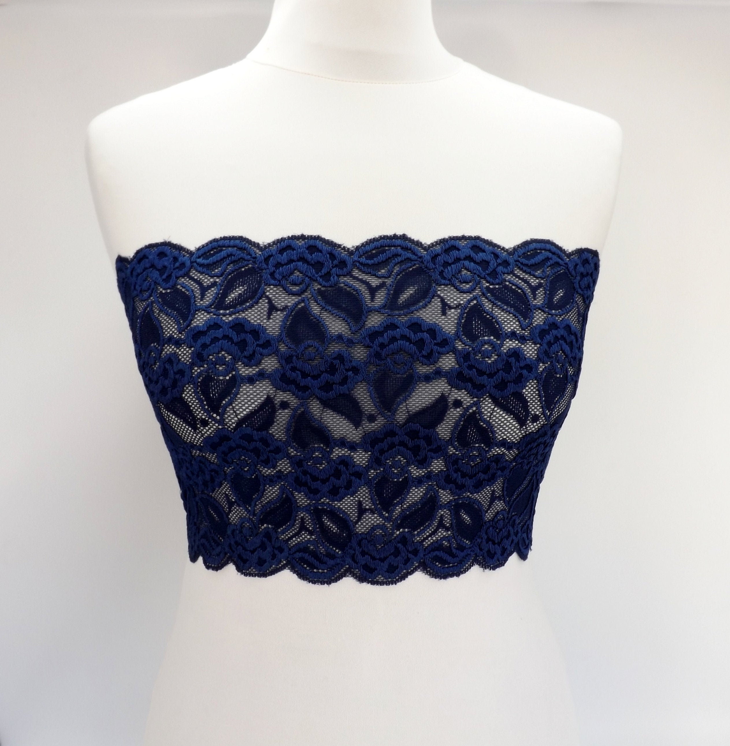 Navy Blue See Through Elastic Lace Bandeau Top, Sheer Strapless