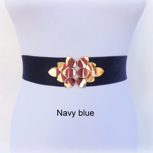Burgundy wide elastic velvet waist belt, Gold leaf dress belt Navy blue
