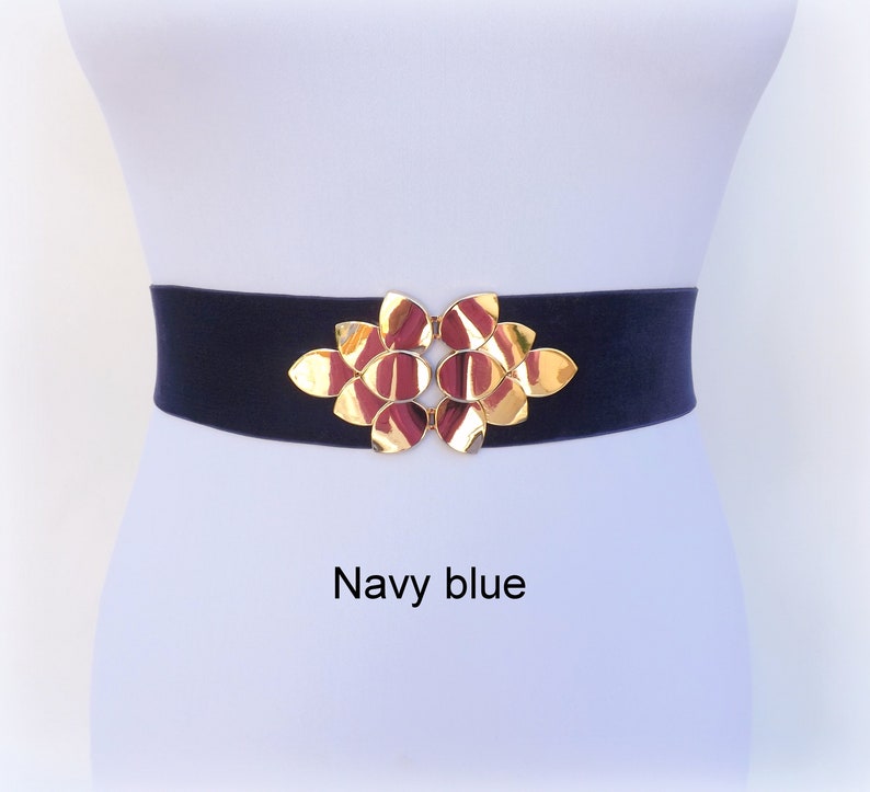 Burgundy wide elastic velvet waist belt, Gold leaf dress belt zdjęcie 4