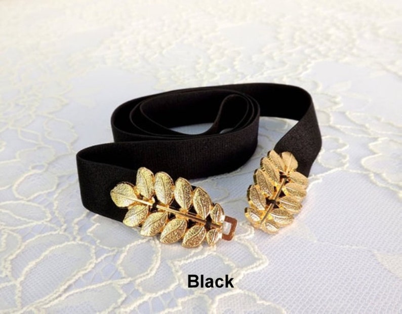 Women's gold elastic grecian leaf waist belt Black