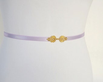 Light purple lavender bridal thin elastic Gold jeweled wedding dress belt