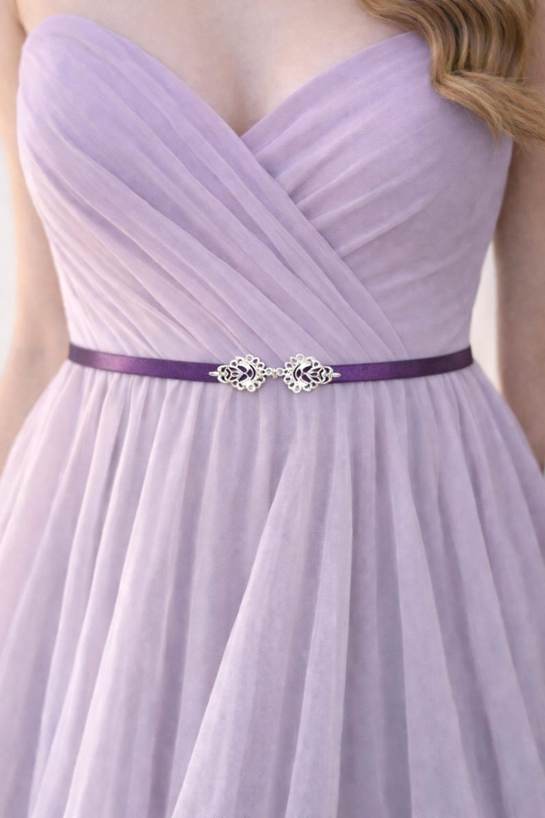 Purple special occasion fashion accessories - Dark Purple Thin Elastic Silver Filigree Jeweled Waist Belt