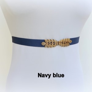 Women's gold elastic grecian leaf waist belt Navy blue