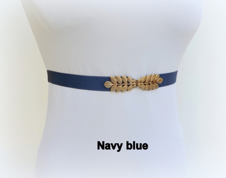 Women's gold elastic grecian leaf waist belt Navy blue
