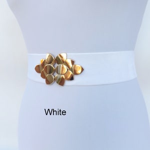 Burgundy wide elastic velvet waist belt, Gold leaf dress belt White