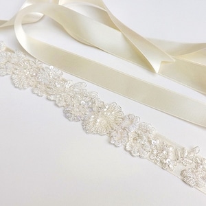 White Lace Sash  SH-66 Bridesmaid Sash Bridal Sash White Pearl Beaded Lace Sash