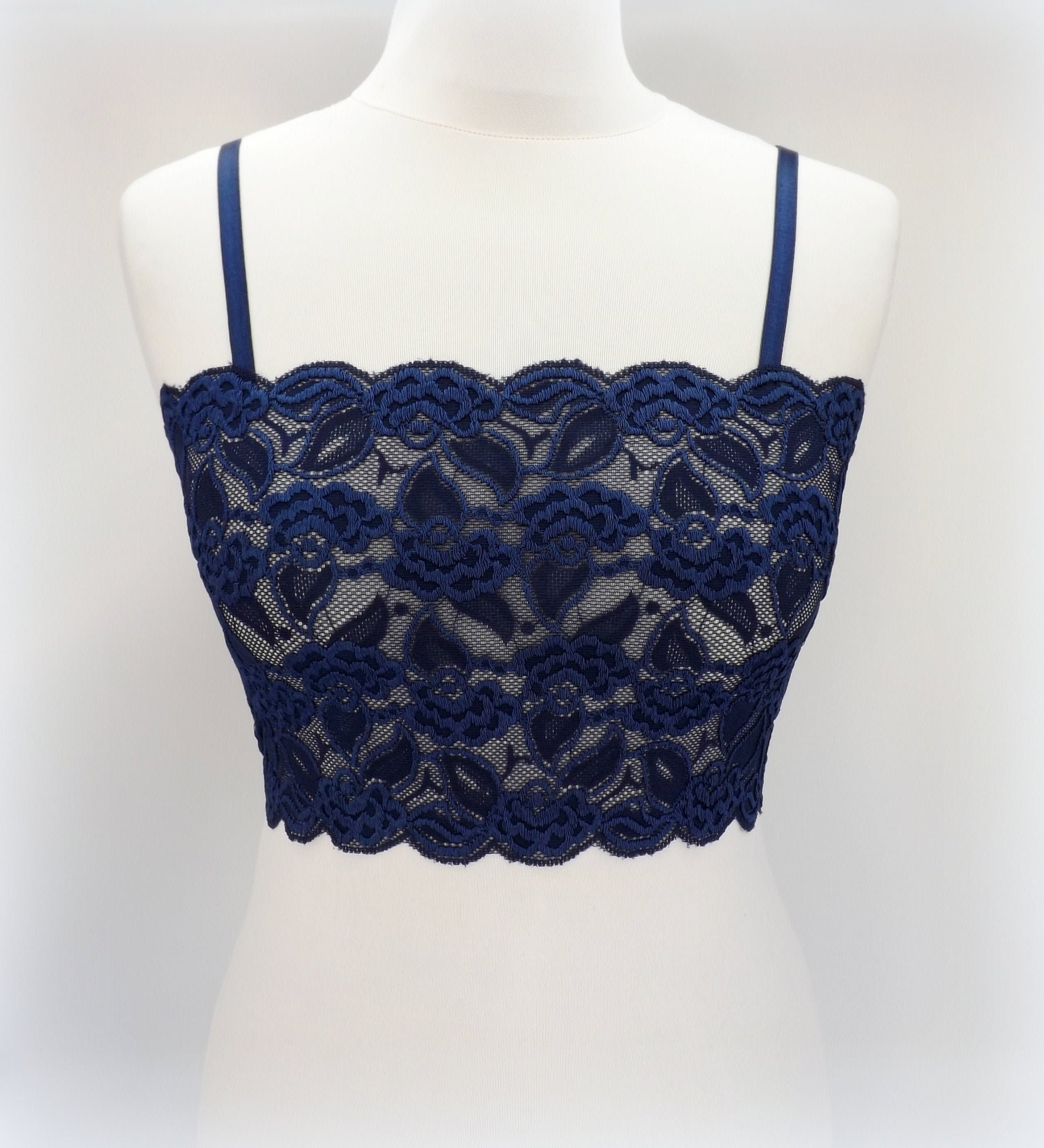 Navy Blue Sheer Floral Lace Lingerie Set With Bralette and Thongs