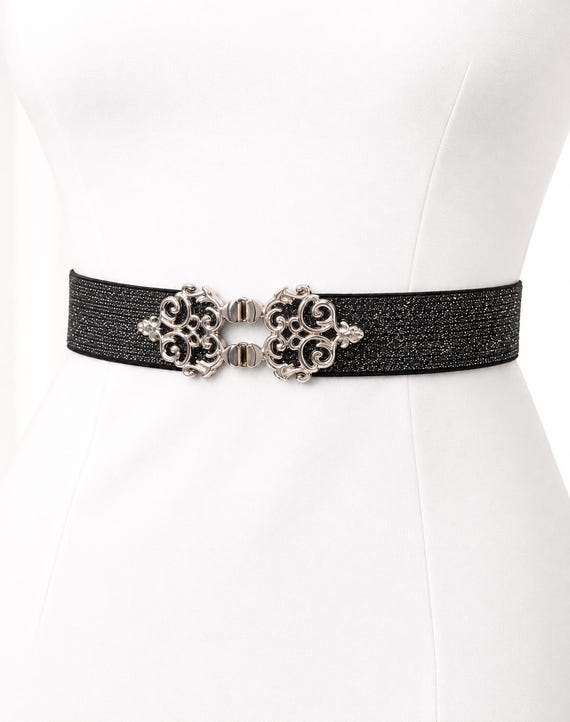 Women's black glitter elastic waist belt with silver filigree clasp