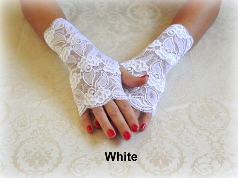 Black short elastic floral lace fingerless gloves White