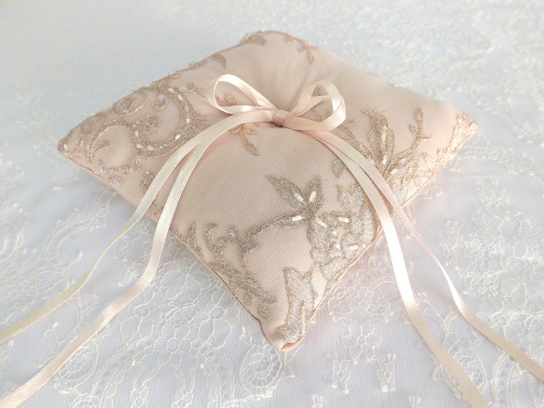 Antique pink beaded floral lace wedding ring bearer pillow