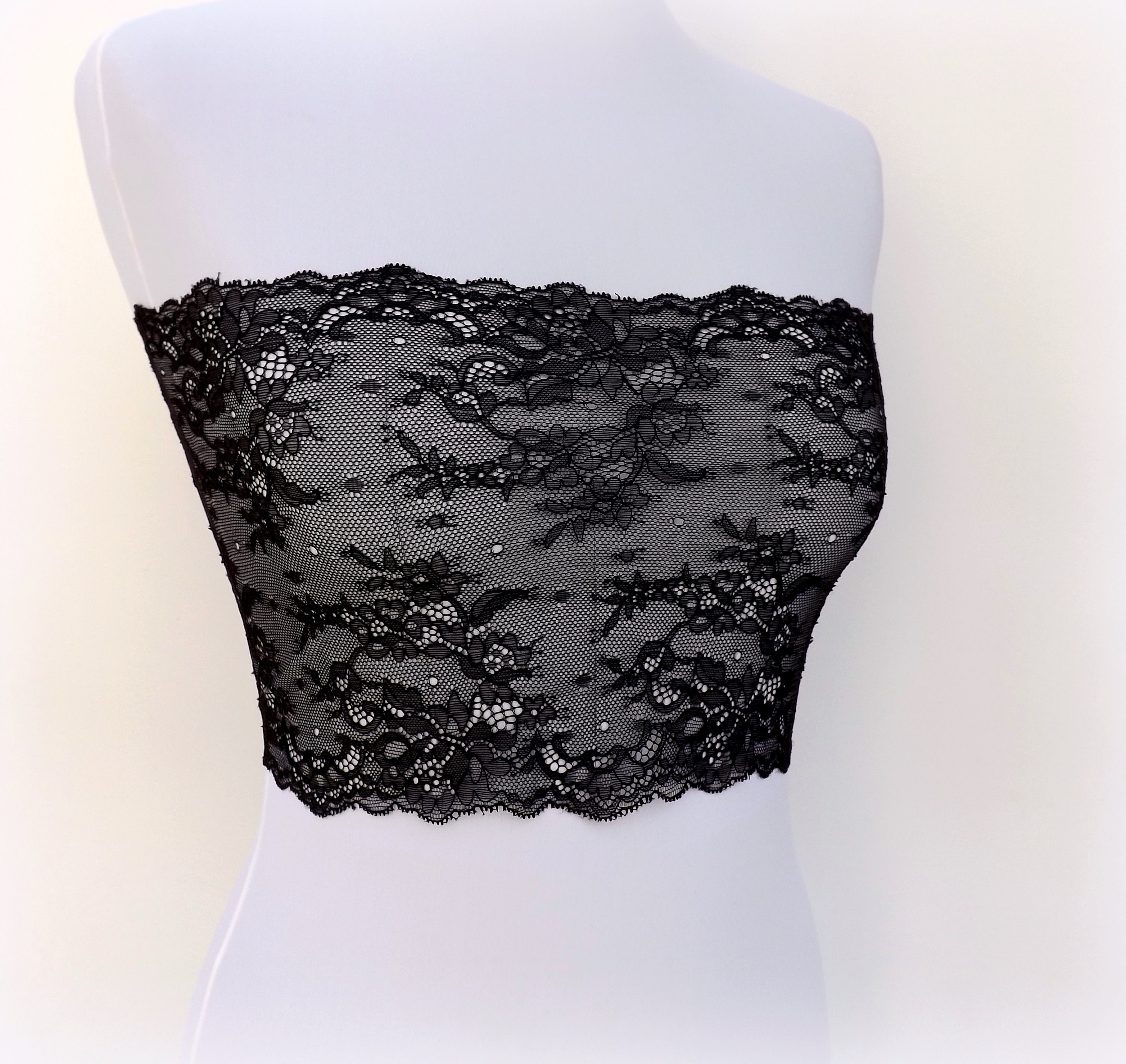 Black Sheer Elastic Lace Bandeau Top, Strapless Bra -  Denmark