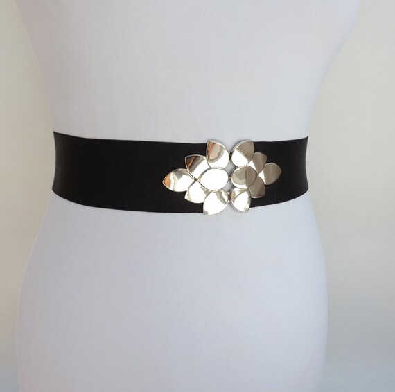 Black Wide Elastic Waist Belt With Silver Leaf Clasp - Etsy display picture 2