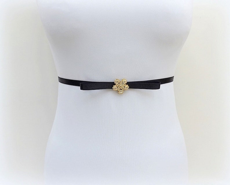 Black thin elastic Sparkly bow dress belt Black