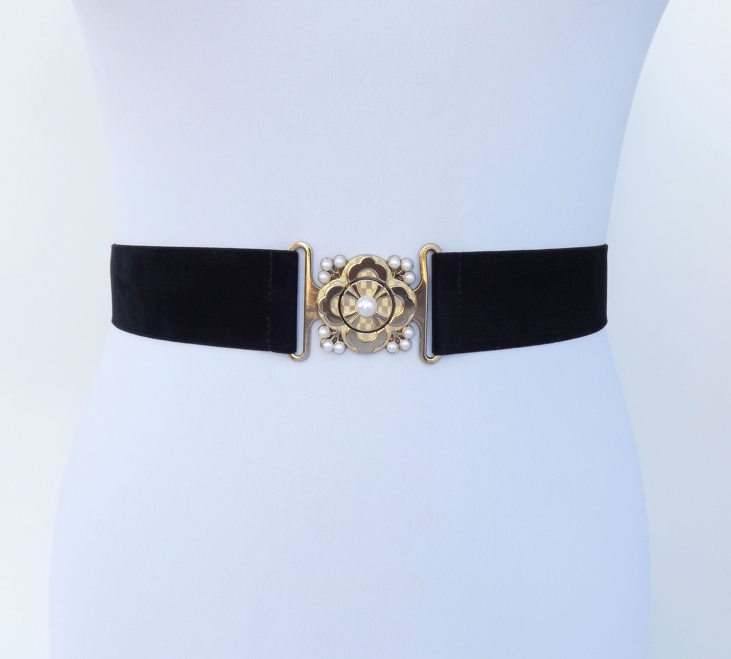 Buy Black Velvet Elastic Waist Belt With Gold Floral Pearly Clasp Online in  India 