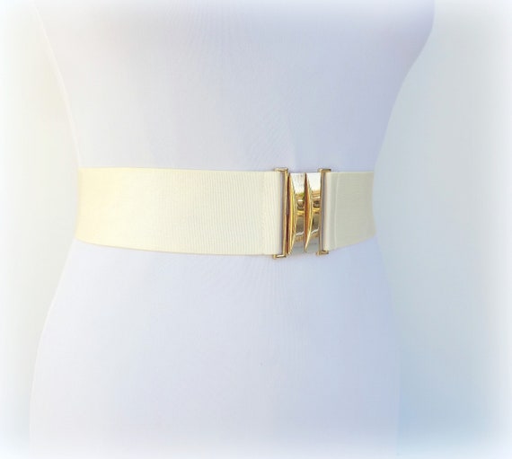 Ivory Elastic Belt with Gold Floral Buckle Flower Alloy Buckle Elastic Belt – Charming Charlie main image 4