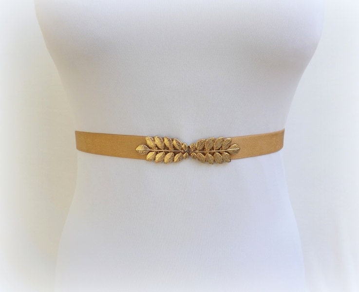 Gold leaf belt. Elastic waist belt. Dress belt. Stretch belt. Etsy