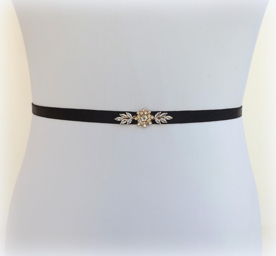 Black Thin Elastic Gold Sparkly Flower and Leaves Jeweled  display picture 3