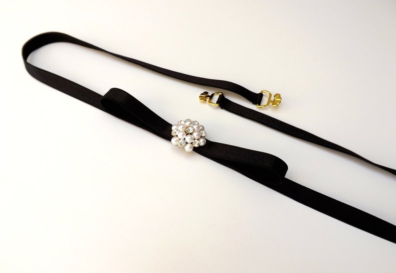 Black Thin Elastic Bow Belt Ivory Pearls Dress Belt Etsy