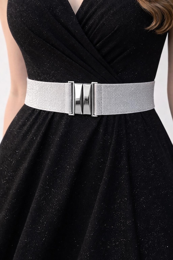 Silver Glitter Wide Elastic Waist Belt with Silver Clasp