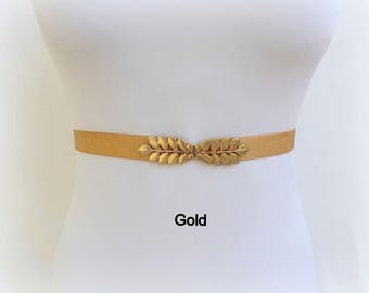 Elastic Waist Statement Belt with Gold Leaf Accent COSYDAYS Leaf Waist Belt Gold Chain Belts Fashion Elastic  main image 2
