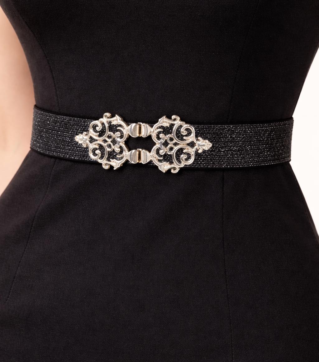 Early 2000s Black Sequin Stretchy Waist Belt With Large Rhinestone Clasp OS BODIY Women Stretch Wide Waist Belt Sequin Elastic Dress  main image 2