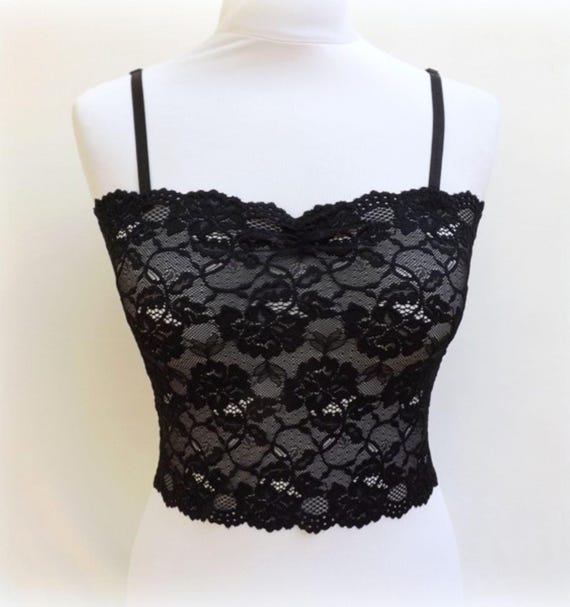 Black See Through Elastic Lace Tank Top Camisole, Sheer Floral